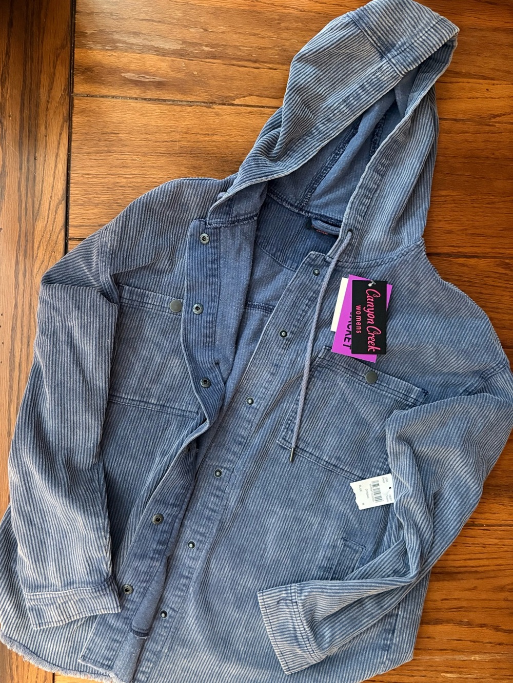 Crayon Creek Women's Blue Corduroy Hooded Button-Down Shirt